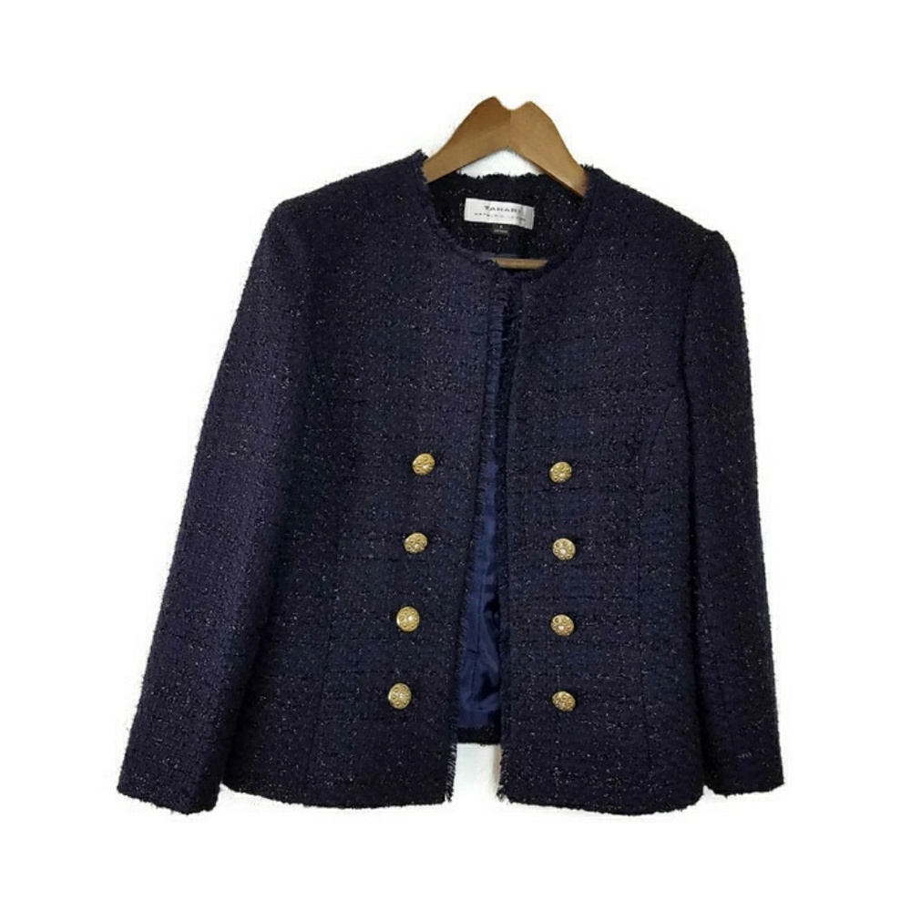 Tahari Navy Blue Tweed Jacket Size 6